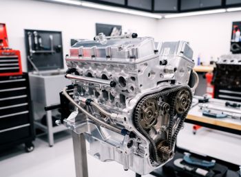 Close-up of a beautifully rebuilt engine on a workshop stand at Grays Automotive, showing shiny cylinder head, new timing chain, polished components, and professional craftsmanship