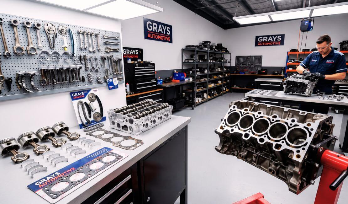 Fully dismantled engine with components neatly organised on workbench at Grays Automotive workshop