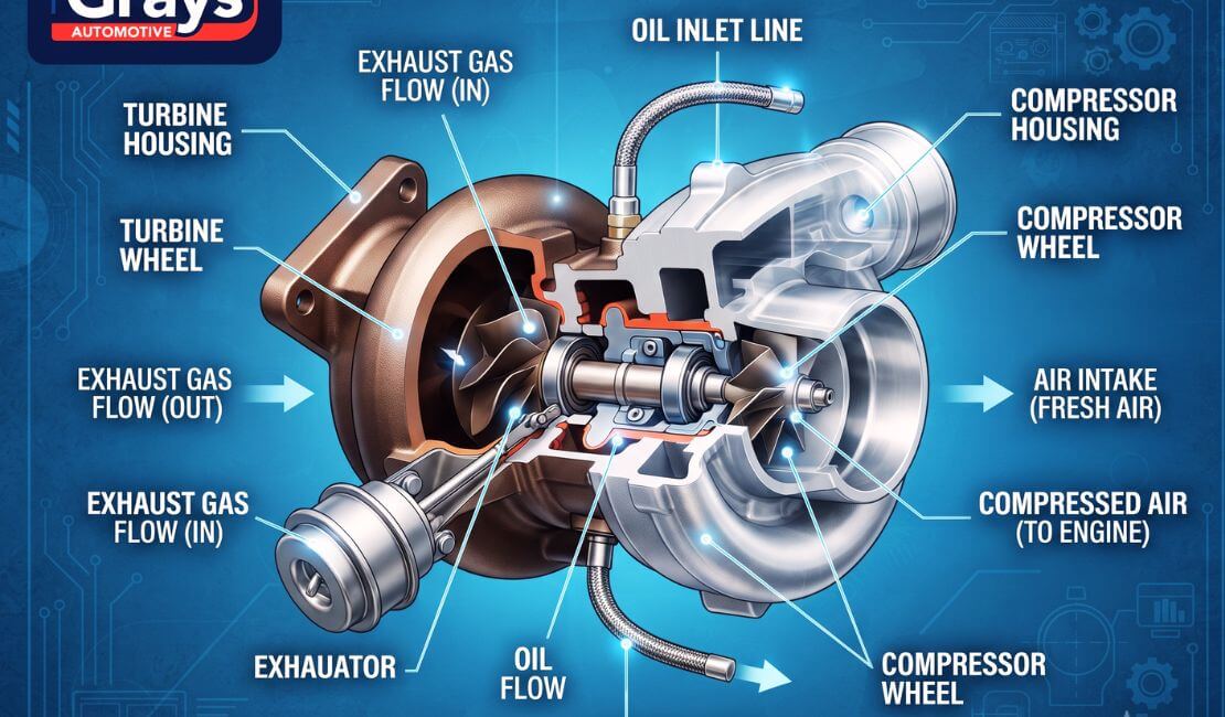 Professional infographic showing turbocharger components and how they work at Grays Automotive