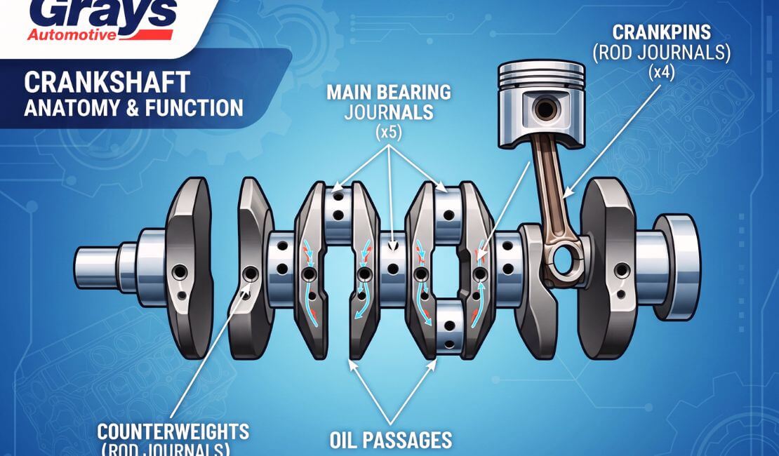 Professional infographic showing crankshaft components and how it works at Grays Automotive