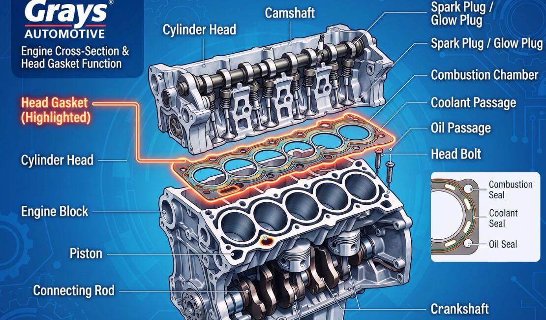 Professional infographic showing head gasket location and function at Grays Automotive